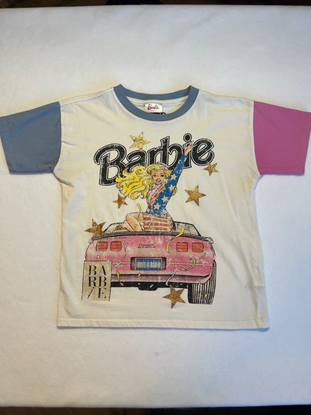 Barbie White Tee with Pink & Light Blue Sleeves and Retro Car Graphic